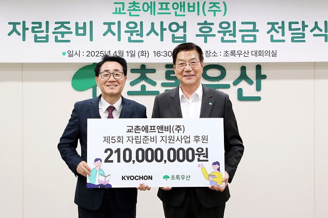 ▲ (왼쪽부터) 강창동 교촌에프앤비㈜ 커뮤니케이션부문장과 황영기 초록우산어린이재단 회장이 기념촬영을 하고 있다.ⓒ교촌에프앤비