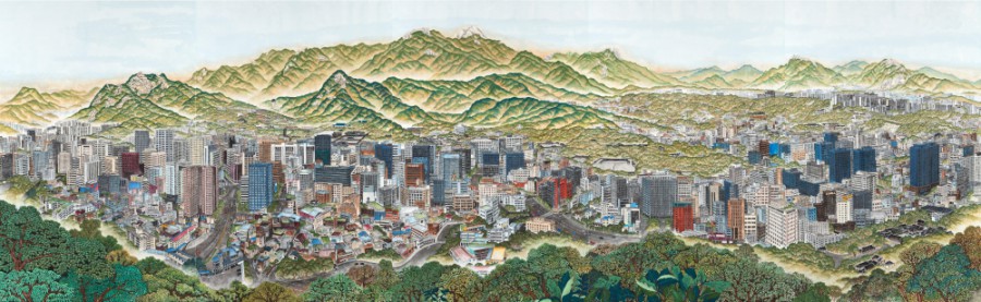 ▲ 2023년 완성한 '서울전경도'(캔버스 천에 호분 먹 분채 석채, 200×650cm).ⓒSonne PR