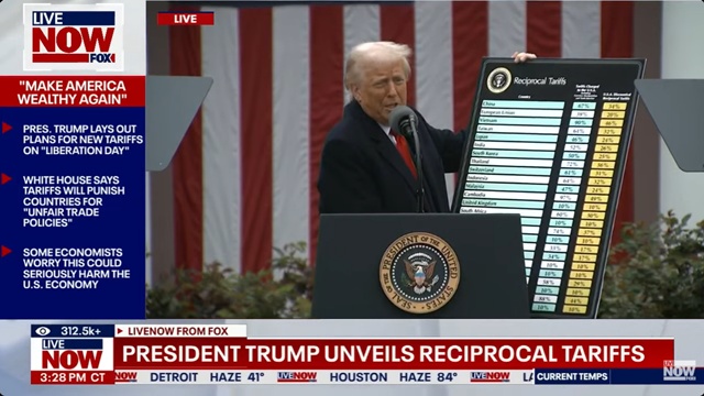 ▲ 도널드 트럼프 미국 대통령이 백악관에서 보편관세를 발표하고 있다. 250402 폭스뉴스 중계 갈무리. ⓒFOX