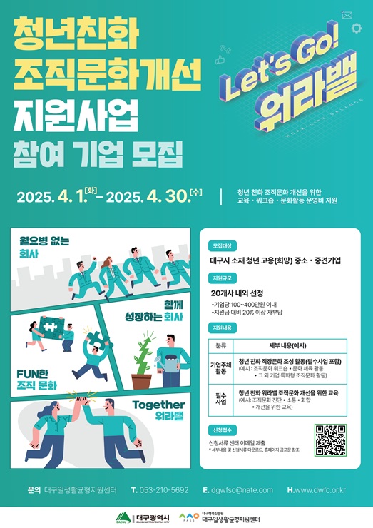 ▲ 대구행복진흥사회서비스원(이사장 배기철, 이하 대구행복진흥원)이 청년이 정착할 수 있는 워라밸(Work-Life Balance) 기업 환경 조성을 위해 ‘청년 정착 워라밸 기업문화 조성 사업’을 펼친다.ⓒ대구행복진흥원