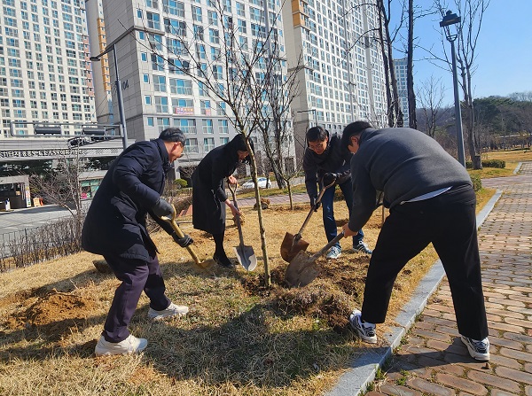 ▲ 세종시 고운동 주민들이 최근 실개천에서 도화꽃나무 심고 있다.ⓒ세종시