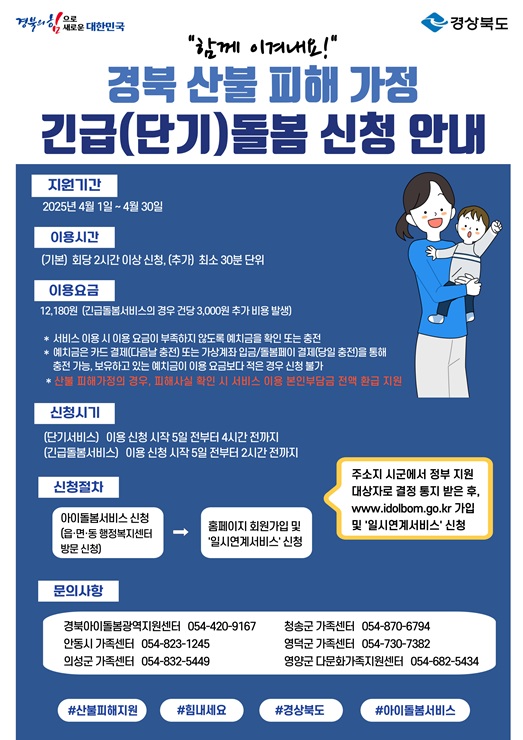 ▲ 경상북도는 3월 경북 북부지역에서 발생한 대규모 산불로 돌봄 공백이 발생한 피해 가정을 지원하기 위해 4월 한 달 ‘아이돌봄 서비스 특별지원대책’을 마련한다.ⓒ경북도