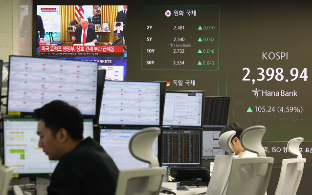 ▲ 10일 오전 서울 중구 하나은행 본점 딜링룸 현황판에 코스피 지수와 관세 유예 관련 뉴스가 표시돼 있다. ⓒ연합뉴스