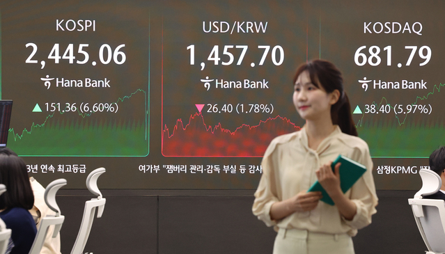 ▲ 도널드 트럼프 미국 대통령이 각국에 부과한 상호관세 적용을 유예한다고 밝힌 10일 서울 중구 하나은행 본점 딜링룸 현황판에 코스피, 원/달러 환율, 코스닥 지수가 표시돼 있다. ⓒ연합뉴스