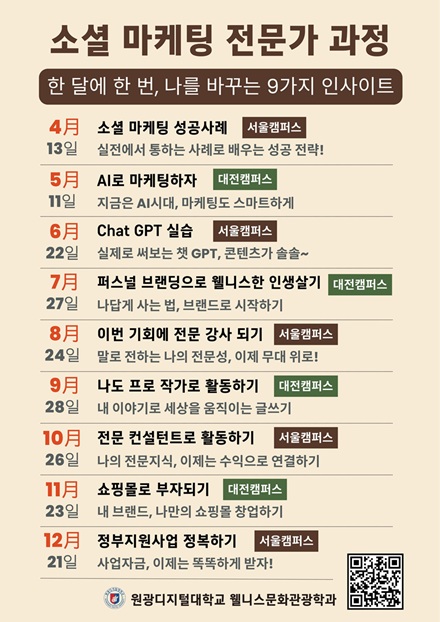 ▲ '웰니스관광 소셜 마케팅 전문가 과정' 포스터.ⓒ원광디지털대