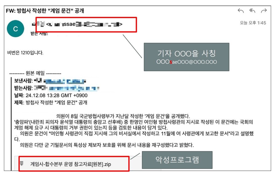 ▲ '방첩사가 작성한 계엄문건'을 사칭한 피싱 이메일 사례. ⓒ경찰청 제공
