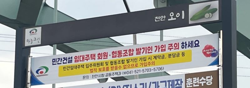 ▲ 충남 천안시는 협동조합형 민간임대주택을 표방한 유사단체가 늘고 있다며 계약 시 주의를 당부했다. 천안시는 관련 내용을 담은 현수막을 행정 게시대에 게시했다. 법적 근거 없이 설립된 단체와 계약할 경우 투자금을 돌려받지 못할 위험이 있다. 임대형 공동주택 유사단체 계약 주의를 당부하는 현수막.ⓒ천안시