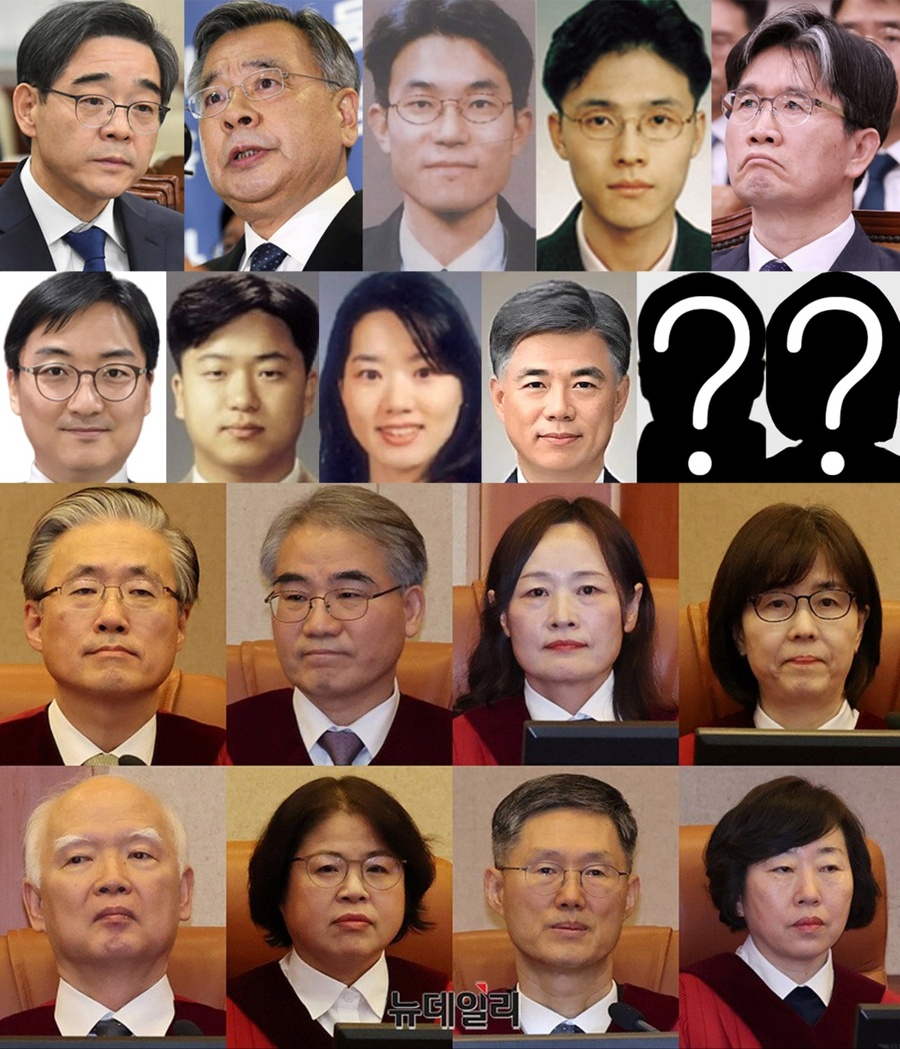 ▲ 정치화 하고, 카르텔 되고, 원님재판 맛들인 법가(法家) 19명.
맨 위 권순일, 박영수, 유창훈, 김동현, 오동운. 그 아래 박광서, 이순형, 차은경, 정재오, 최은정-이예슬(사진 특정 안되어 ??). 그 아래 두 칸은 헌재 8인. 세번째 김형두, 조한창, 정정미, 이미선. 맨 아래 정형식, 김복형, 문형배, 정계선. ⓒ 뉴데일리 / 법률신문(박광서만)