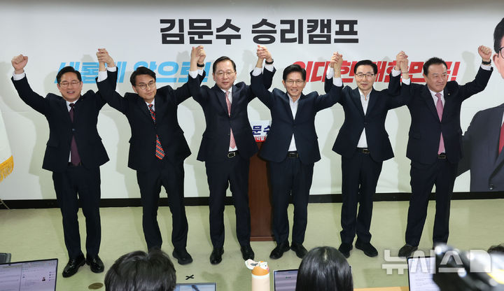 ▲ 24일 여의도 김문수 캠프에서 조승환, 서천호 의원이 지지선언을 했다. 사진은 왼쪽부터 국민의 힘 박수영, 윤상현, 조승환, 김 후보, 서천호, 엄태영 ⓒ뉴시스 제공