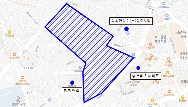 ▲ 속초시가 속초관광수산시장주차장 남서측 일원의 금호 6지구 448필지, 5만7448㎡에 대한 지적재조사 사업을 본격 추진한다. ⓒ속초시