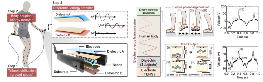 ▲ 인체 매개 에너지 동시수확 마찰대전 나노발전기 소자 모식도.ⓒ중앙대