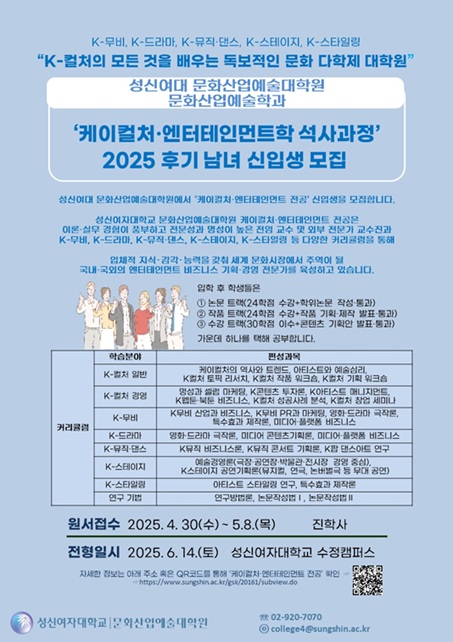 ▲ K-컬처·엔터테인먼트학 석사과정 2025 후기 모집 포스터.ⓒ성신여대