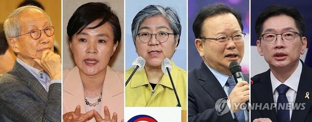 ▲ 더불어민주당이 30일 '진짜 대한민국 중앙선대위'를 출범시켰다. 윤여준 전 환경부 장관(왼쪽부터), 강금실 전 법무부 장관, 정은경 전 질병관리청장, 김부겸 전 총리, 김경수 전 경남지사 등이 총괄선대위원장에 이름을 올렸다. ⓒ연합뉴스