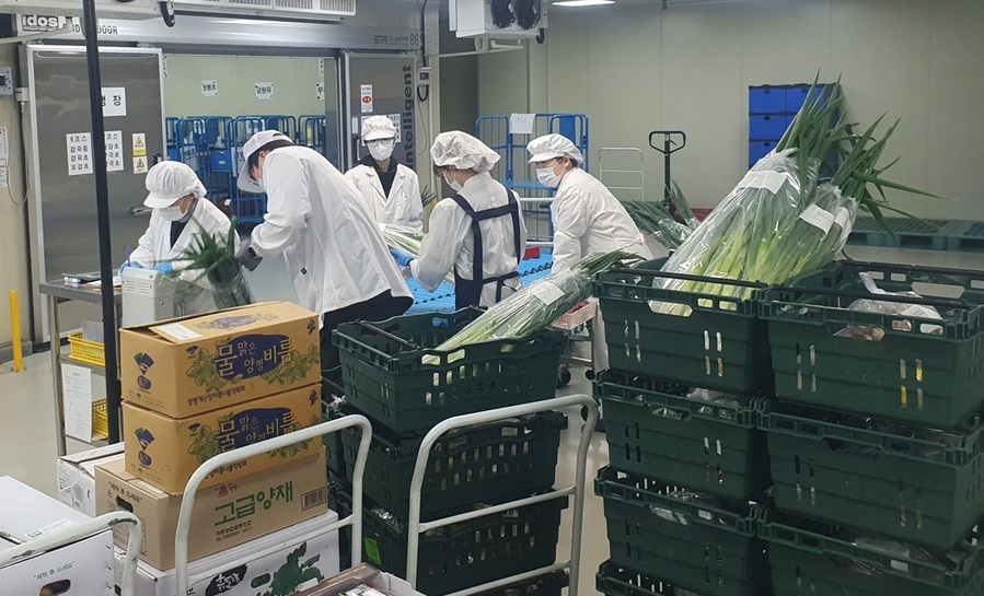 ▲ 음성군 학교급식지원센터에서 식재료 검수를 하고 있다.ⓒ음성군