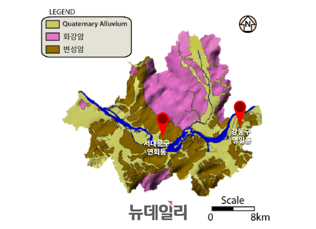 ▲ 서울시 지질도와 음영 기복도(지형의 높낮이를 보여주는 그림). 2024년 8월 싱크홀이 발생한 서울 서대문구 연희동 지역과 지난 3월 24일 대규모 싱크홀이 발생한 강동구 명일동은 모두 변형에 취약한 변성암 지질로 나타나 있다. ⓒ이수곤 교수 제공
