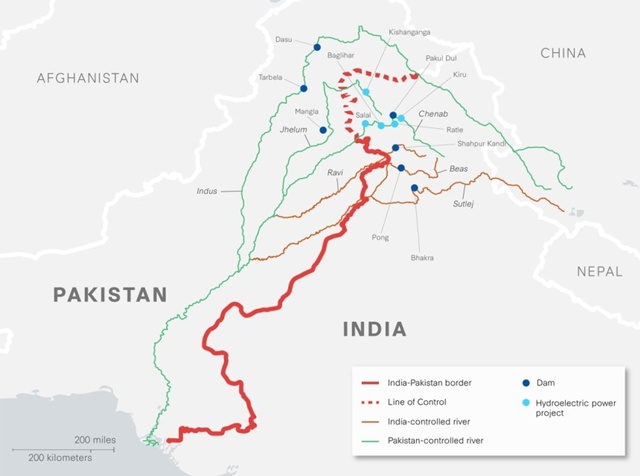 ▲ 인도-파키스탄 국경과 강 흐름도. 미국 싱크탱크 전략국제문제연구소(CSIS) 홈페이지 갈무리. ⓒ연합뉴스