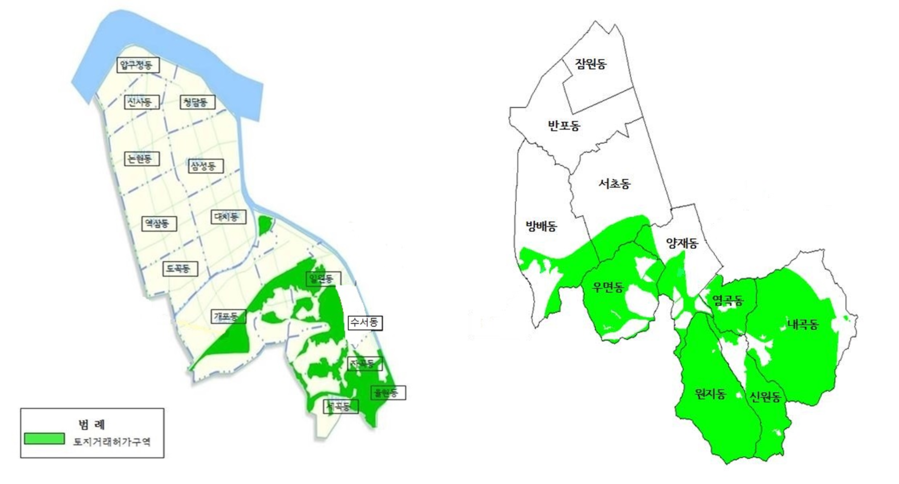 ▲ (좌)강남구 (우)서초구 토지거래허가구역 지정 도면 ⓒ서울시