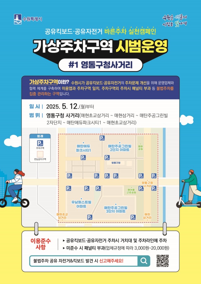 ▲ ‘공유 자전거·킥보드(PM) 가상 주차 구역’ 시범 운영 안내 포스터. ⓒ수원시 제공