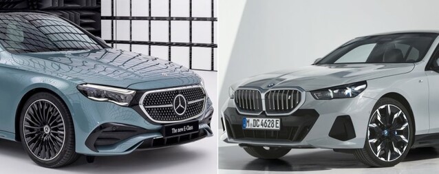 ▲ 메르세데스-벤츠 E클래스(왼쪽)와 BMW 5시리즈(오른쪽)ⓒ뉴데일리DB