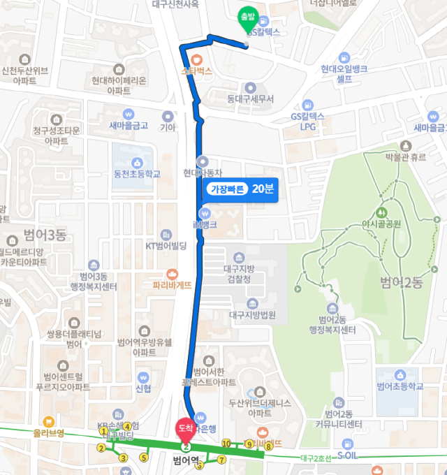 ▲ '벤처밸리푸르지오'에서 대구지하철 2호선 범어역까지 거리.ⓒ네이버지도 갈무리