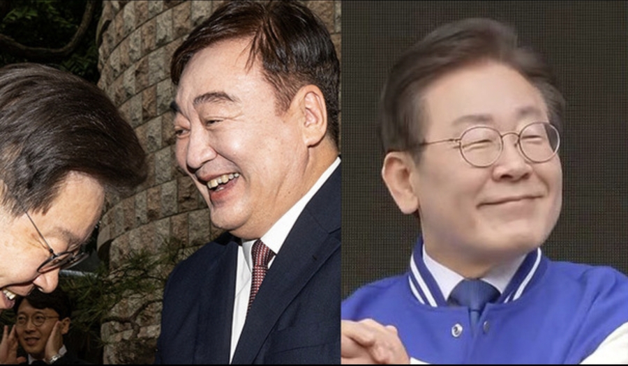 ▲ 이재명 후보의 굴중자세를 보여주는 두 장의 사진. 왼쪽은 국장급에 불과한 주한중국대사에게 머리 깊이 숙여 인사하는 저자세. 오른쪽은 유세장에서 두 손을 맞잡고 