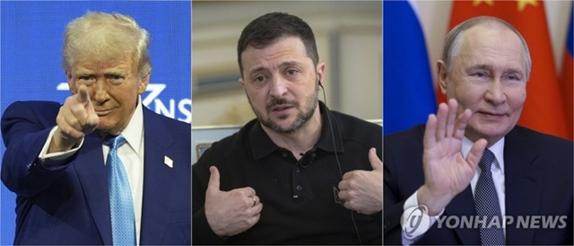 ▲ (좌로부터) 도널드 트럼프 미국 대통령, 볼로디미르 젤렌스키 우크라이나 대통령, 블라디미르 푸틴 러시아 대통령. AP 연합뉴스 자료사진. ⓒ연합뉴스