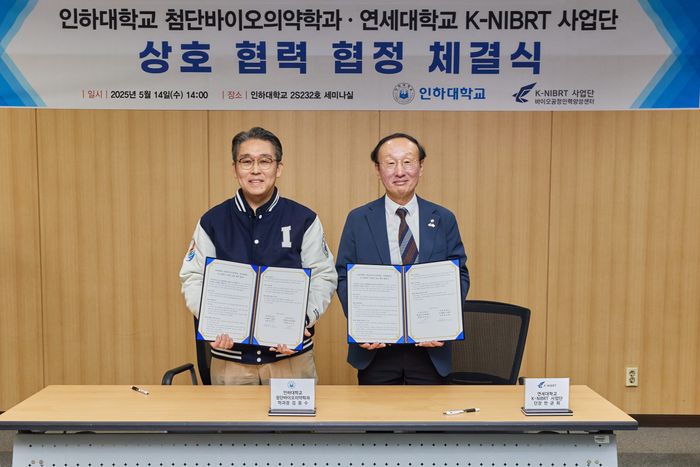 ▲ 김응수(좌측) 인하대 첨단바이오의약학과장과 한균희 연세대 K-NIBRT 사업단장이 업무협약 후 기념촬영을 하고 있다.ⓒ 인하대 제공