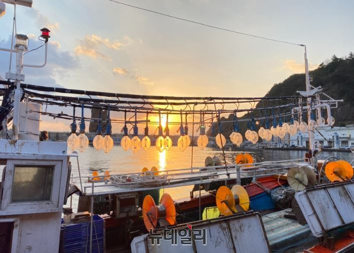 ▲ 동해안 어업전진기지 울릉 저동항서 붉게 물든 석양을 배경으로 한 어선이 조업에 나설 준비를 하고 있다. ⓒ뉴데일리