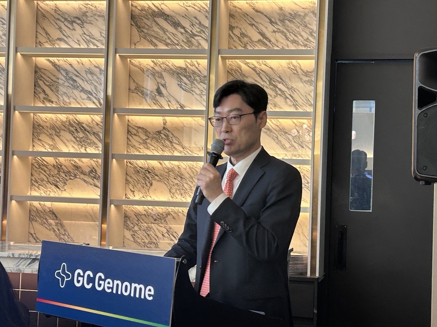 ▲ 23일 기창석 GC지놈 대표가 서울 콘래드 호텔에서 열린 기자간담회에서 발언하고 있다. ⓒ조희연 기자