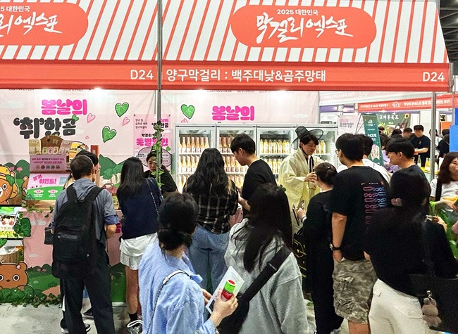 ▲ 양구문화재단과 로컬브랜드디벨로퍼 컨츄리시티즌이 공동 기획·개발한 양구 프리미엄 막걸리 브랜드 '양구막걸리'가 지난 23일부터 1박 2일간 서울 양재 aT센터에서 열린 '제4회 대한민국 막걸리 엑스포(MAXPO 2025)'를 통해 대중 앞에 선보였다. ⓒ양구군