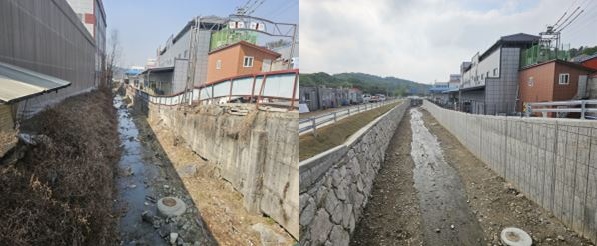 ▲ 경기도가 최근 수해상습지 개선사업을 마무리한 남양주시 용정천 시공 전(왼쪽)·후 모습. ⓒ경기도 제공