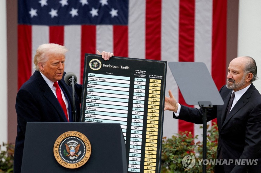 ▲ 상호관세 부과 차트를 들고 있는 트럼프 미 대통령.ⓒ연합뉴스.