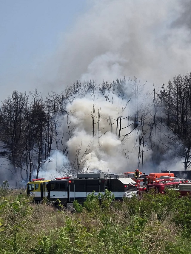 ▲ 포항시 남구 동해면 신정리 포항공항 인근 야산에서 해상초계기 P-3C가 추락해 소방차가 출동해 있다.ⓒ독자제공