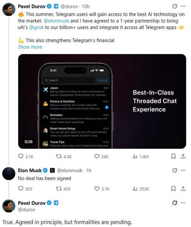 ▲ 파벨 두로프 텔레그램 CEO가 엑스에 올린 글에 일론 머스크 CEO가 부인하는 답글. 엑스 게시물 갈무리. ⓒ연합뉴스