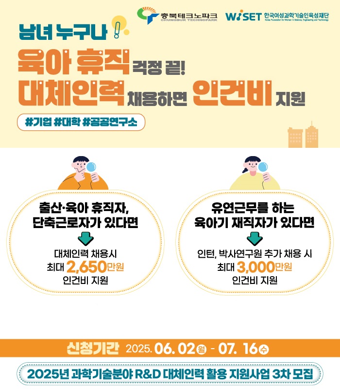▲ 충북테크노파크는 한국여성과학기술인육성재단과 협약을 통해 ‘2025년 과학기술분야 R&D 대체인력 활용 지원사업’ 3차 모집을 6월 2일~7월 16일 진행한다.ⓒ충북TP