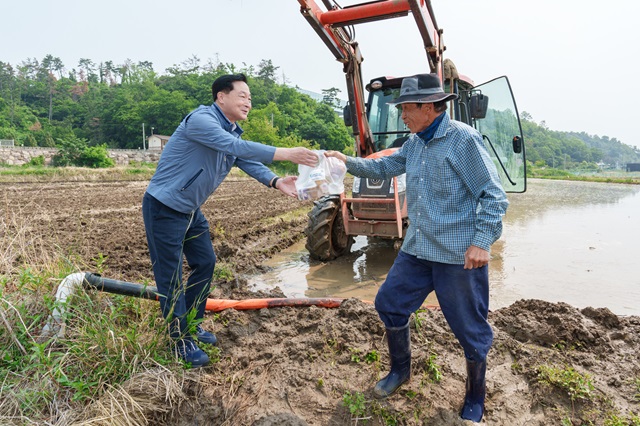 ▲ 정원호 본부장이 직접 모내기 현장을 찾아 점심 식사와 새참을 직접 전달하고 있다.ⓒ월성본부