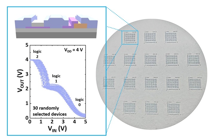 ▲ 개발된 삼진 로직 구조도. 웨이퍼 스케일로 제작된 텔루륨(TeO)과 인듐갈륨주석(InGaSnO) 산화물 기반 삼진 인버터 소자.ⓒ한양대