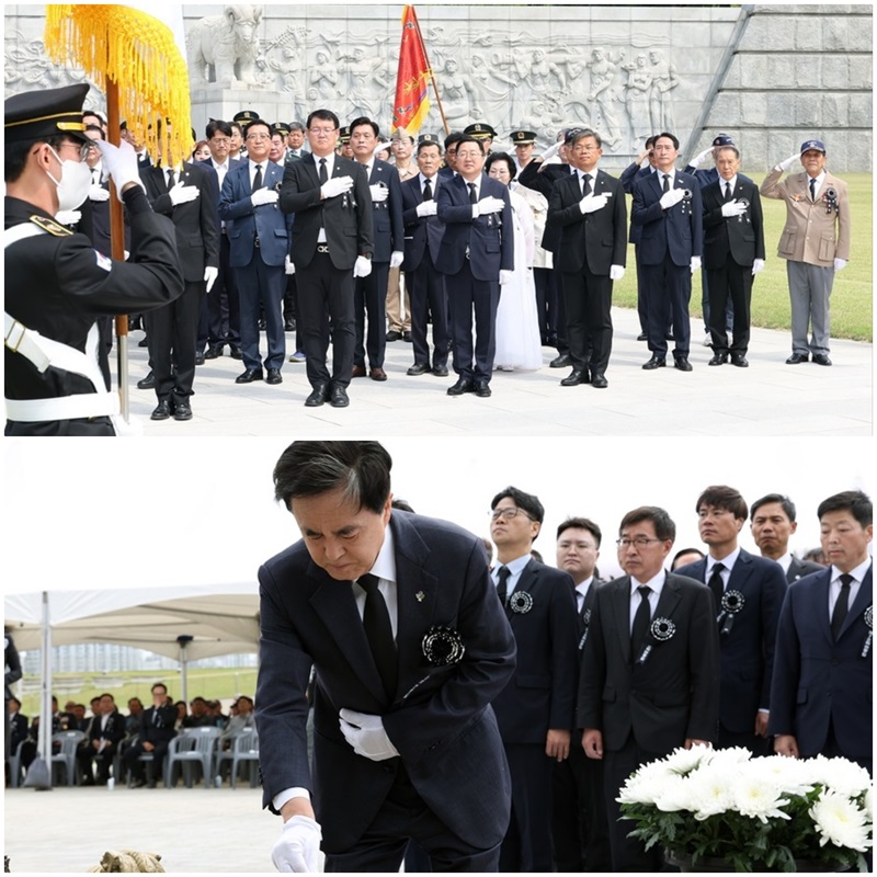 ▲ 충청권 지자체는 지난 6일 제70회 현충일을 맞아 국립대전현충원 현충 광장 등에서 순국선열과 호국영령의 숭고한 희생을 기리는 추념식을 엄숙히 거행됐다. 이장우 대전시장이 시 간부 등과 함께 6일 국립대전현충원 현충 광장에서 국기에 대한 경례를 하고 있다. 사진 아래는 김태흠 충남도지사가 현충일인 6일 충남보훈공원 충혼탑 광장에서 추념식에 앞서 순국선열과 호국영령을 위해 분향을 하고 있다.ⓒ대전시·충남도
