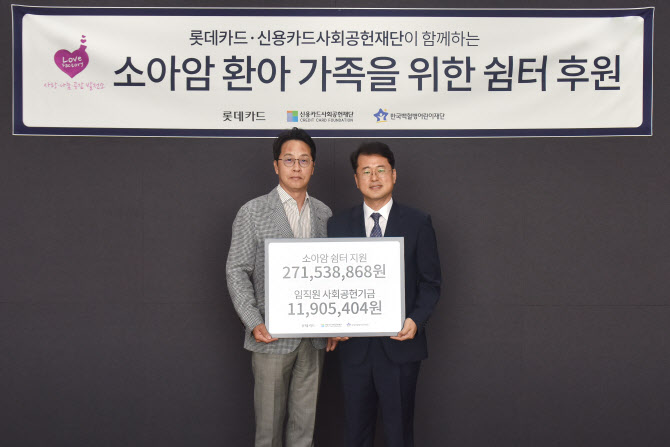 ▲ 조좌진 롯데카드 대표이사(왼쪽)가 10일 서울 종로구 롯데카드 본사에서 서선원 한국백혈병어린이재단 사무총장(오른쪽)과 함께 소아암 쉼터 후원 및 임직원 사회공헌기금 전달식을 가졌다ⓒ롯데카드