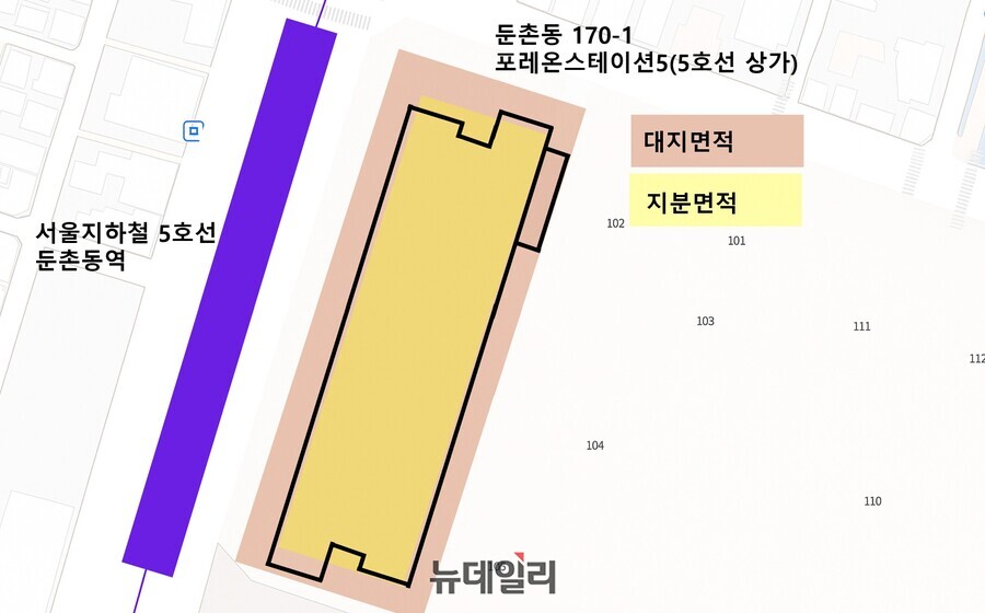 ▲ 둔촌동 170-1 포레온스테이션5(5호선 상가) 지분면적과 대지면적 비교. ⓒ김상진 기자