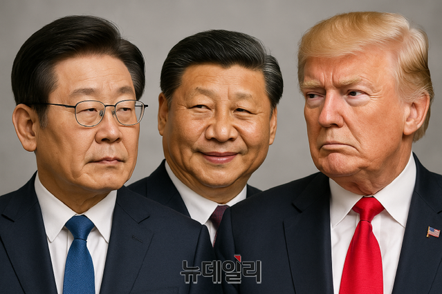 ▲ 이재명 대통령(왼쪽)과 트럼프 미국 대통령(오른쪽)이 서로 반대 방향을 응시하는 가운데, 시진핑 중국 국가주석이 가운데에서 이 대통령을 향해 미소를 짓고 있다(기사 내용을 바탕으로 제작된 합성 이미지). ⓒ디지털그래픽팀 제작