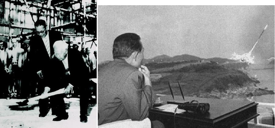 ▲ 원자력의 유산--84세 이승만 대통령이 1959년 7월14일 원자로를 설치할 원자력연구소 건립 착공식에서 첫 삽을 뜨고 있다. 오른쪽 사진은 박정희 대통령이 1978년 9월26일(서거1년전) 충남서산 안흥 종합시험장에서 지대지 미사일 '백곰'의 시험발사를 지켜보는 장면. '백곰'의 사거리는 평양에 맞춘 180킬로미터. 오늘의 원전수출과 방산수출은 이렇게 시작되었다.