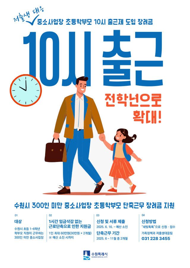 ▲ 수원시 ‘중소사업장 초등학부모 10시 출근제 도입 장려금’ 사업 안내 포스터. ⓒ수원시 제공