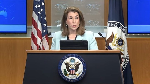 ▲ 태미 브루스 미국 국무부 대변인이 정례브리핑에서 발언하고 있다. 250428 사진=국무부 유튜브 갈무리. ⓒ뉴시스