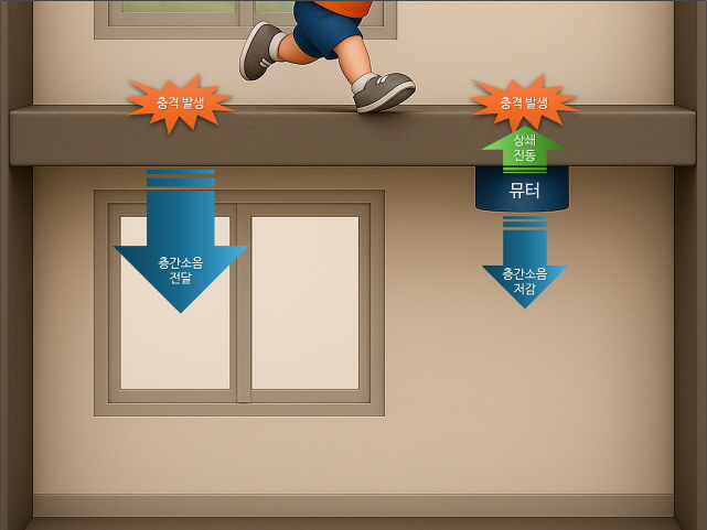 ▲ 뮤터 적용 전 층간소음(왼쪽) 및 뮤터 적용 후 층간소음 원리 비교. ⓒ롯데건설