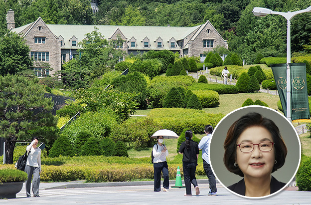 ▲ 이화여자대학교 전경. 오측 하단은 이향숙 총장.ⓒ이화여대