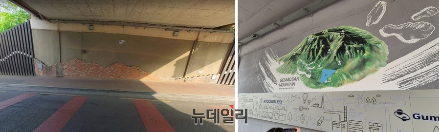 ▲ 송정교 전 후 모습. 어두울 수 있는 내부 색감과 인테리어를 개선하고, 구미 특산물과 금오산 등을 한 눈에 볼 수 있는 인포그래픽을 배치했다.ⓒ조현우 기자