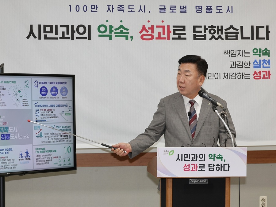 ▲ 이범석 충북 청주시장은 24일 임시청사 브리핑룸에서 취임 3주년을 앞두고 지난 3년간의 주요 10대 성과와 향후 청주의 비전을 발표했다. 이 시장은 “민선 8기는 말이 아닌 실행, 계획이 아닌 실천으로 변화의 시작을 알렸다”며 “88만 시민과 함께한 3년은 단순한 시간이 아닌, 약속과 실천, 시민이 체감하는 성과로 채워진 시간이었다. 그 결과 전국 최고의 도시 경쟁력을 갖춘 도시로 성장했다”고 말했다.ⓒ청주시