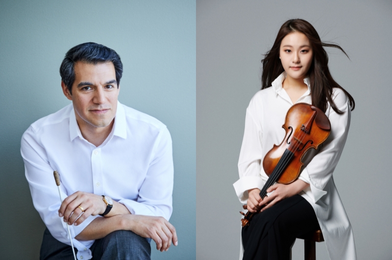 ▲ 지휘자 미겔 하스베도야와 바이올리니스트 임지영.ⓒ서울시립교향악단