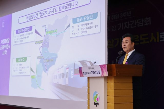 ▲ 김성제 의왕시장이 30일 시청 대회의실에서 민선8기 취임 3주년 기자간담회에서 향후 시정 운영방향을 설명하고 있다. ⓒ의왕시 제공